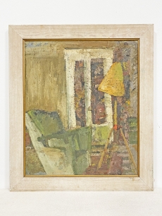 Domanovszky Endre festmény - szobabelső állólámpával