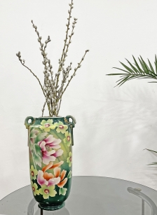 Art deco fajansz váza távol-keleti virág motívumokkal